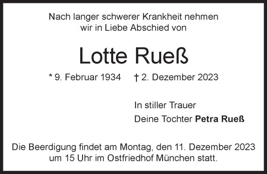 Traueranzeige von Lotte Rueß von Süddeutsche Zeitung