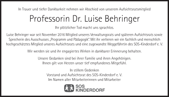 Traueranzeige von Luise Behringer von Süddeutsche Zeitung