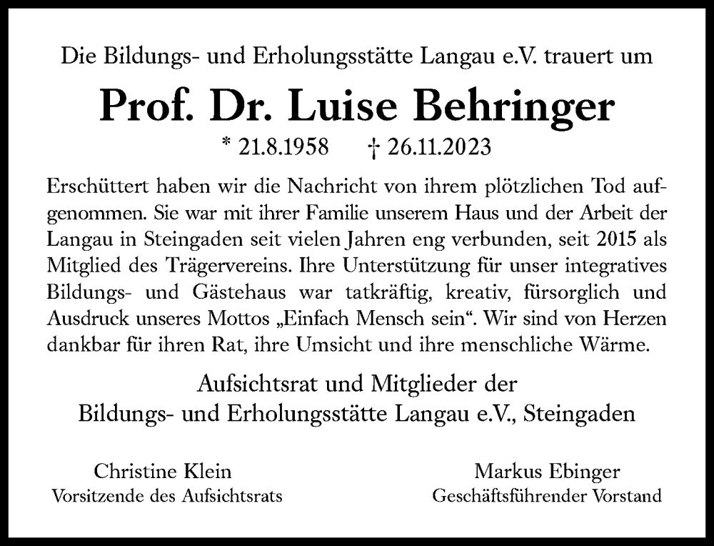  Traueranzeige für Luise Behringer vom 09.12.2023 aus Süddeutsche Zeitung
