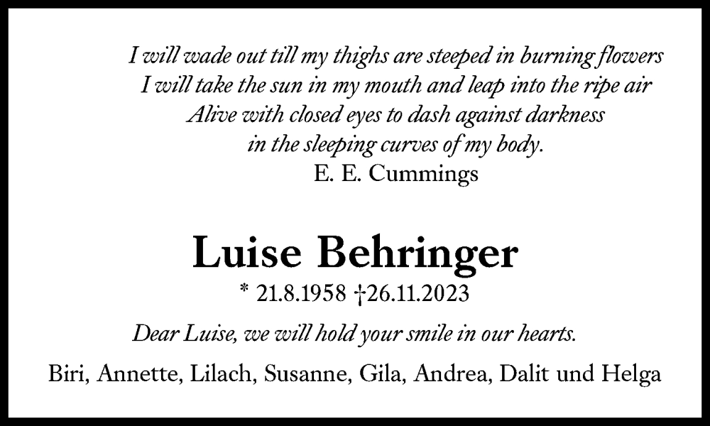  Traueranzeige für Luise Behringer vom 13.12.2023 aus Süddeutsche Zeitung