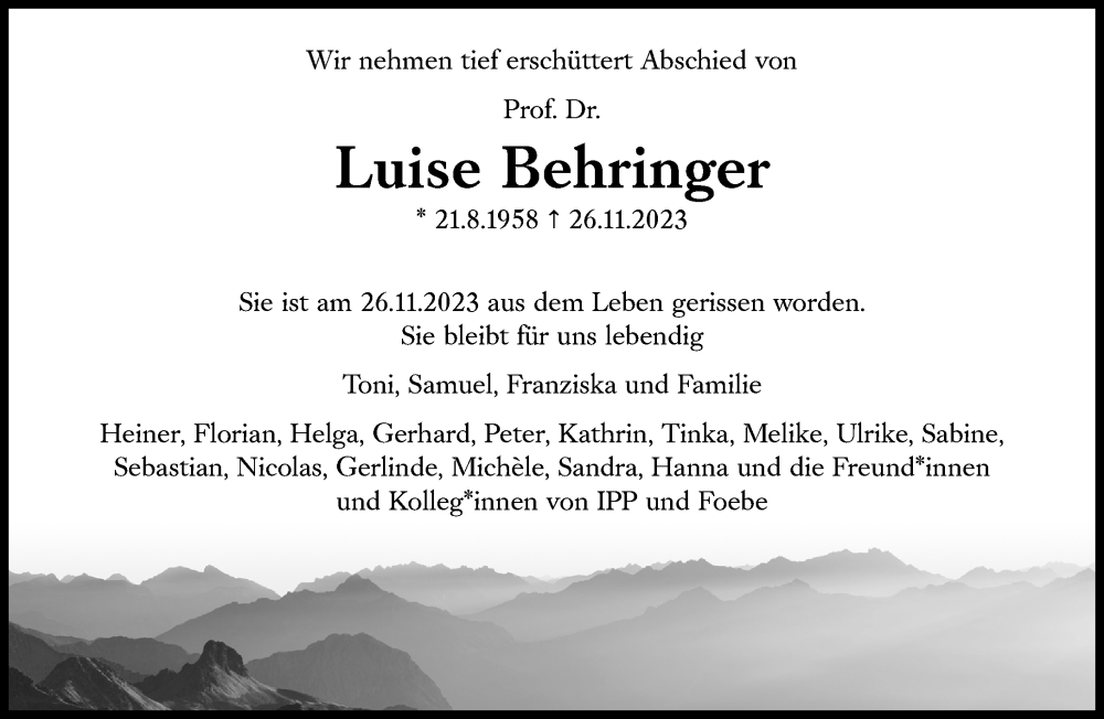  Traueranzeige für Luise Behringer vom 02.12.2023 aus Süddeutsche Zeitung