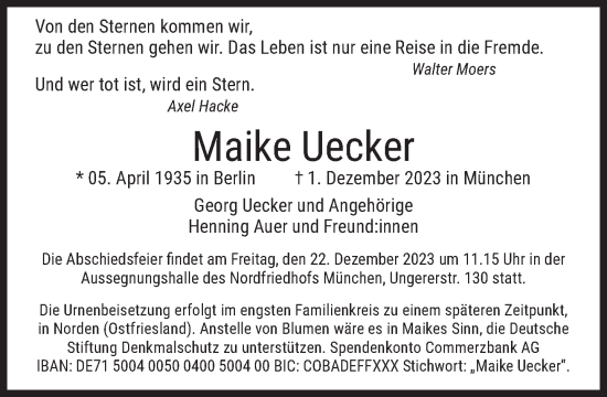 Traueranzeige von Maike Uecker von Süddeutsche Zeitung