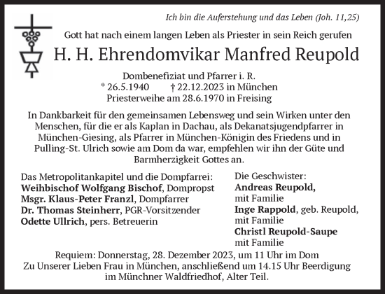 Traueranzeige von Manfred Reupold von Süddeutsche Zeitung