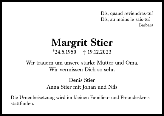 Traueranzeige von Margrit Stier von Süddeutsche Zeitung