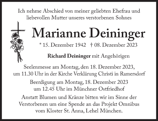 Traueranzeige von Marianne Deininger von Süddeutsche Zeitung