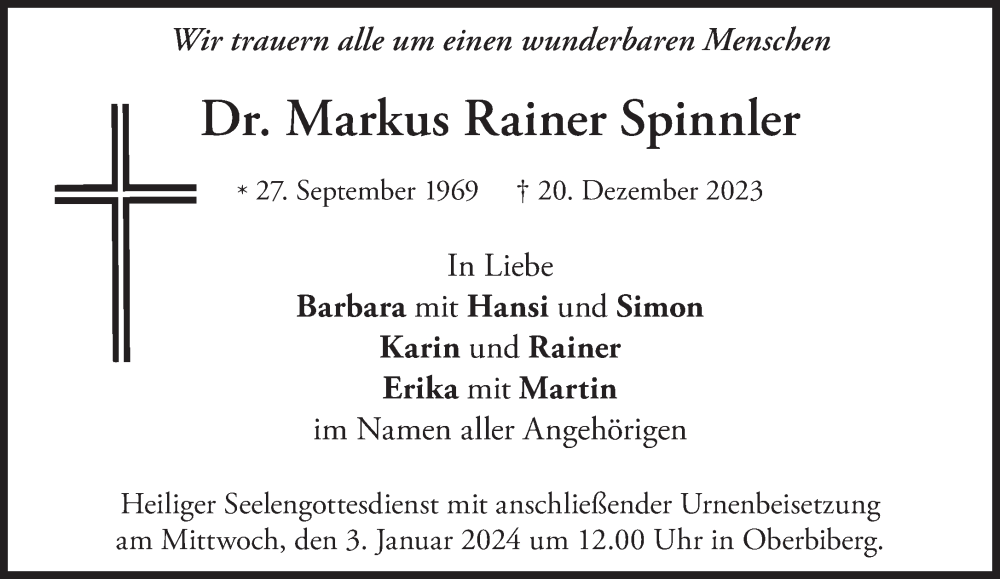  Traueranzeige für Markus Rainer Spinnler vom 30.12.2023 aus Süddeutsche Zeitung