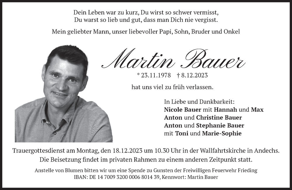  Traueranzeige für Martin Bauer vom 16.12.2023 aus Süddeutsche Zeitung