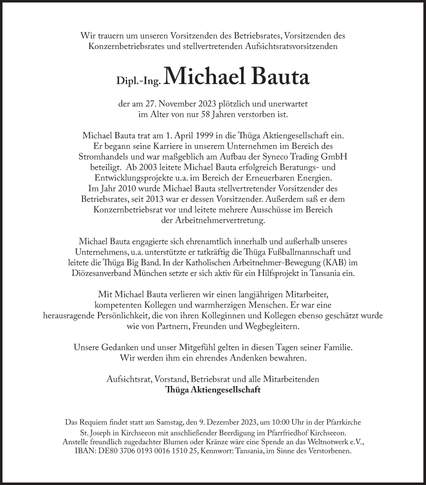  Traueranzeige für Michael Bauta vom 06.12.2023 aus Süddeutsche Zeitung