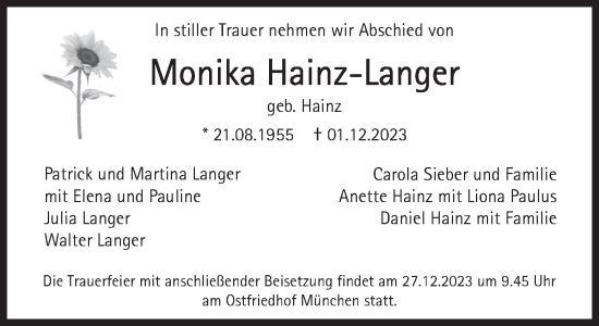 Traueranzeige von Monika  Hainz-Langer von Süddeutsche Zeitung