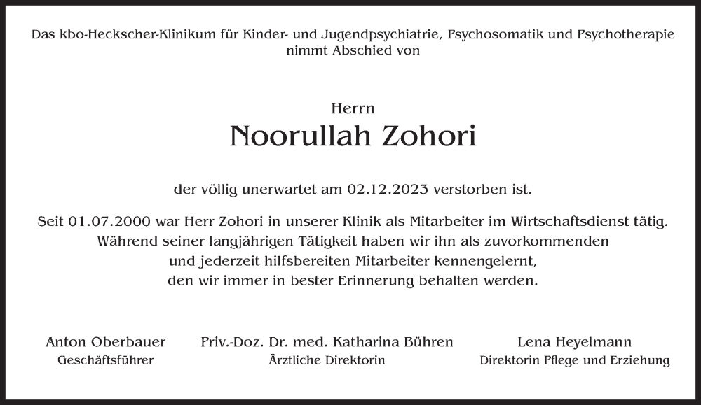  Traueranzeige für Noorullah Zohori vom 08.12.2023 aus Süddeutsche Zeitung