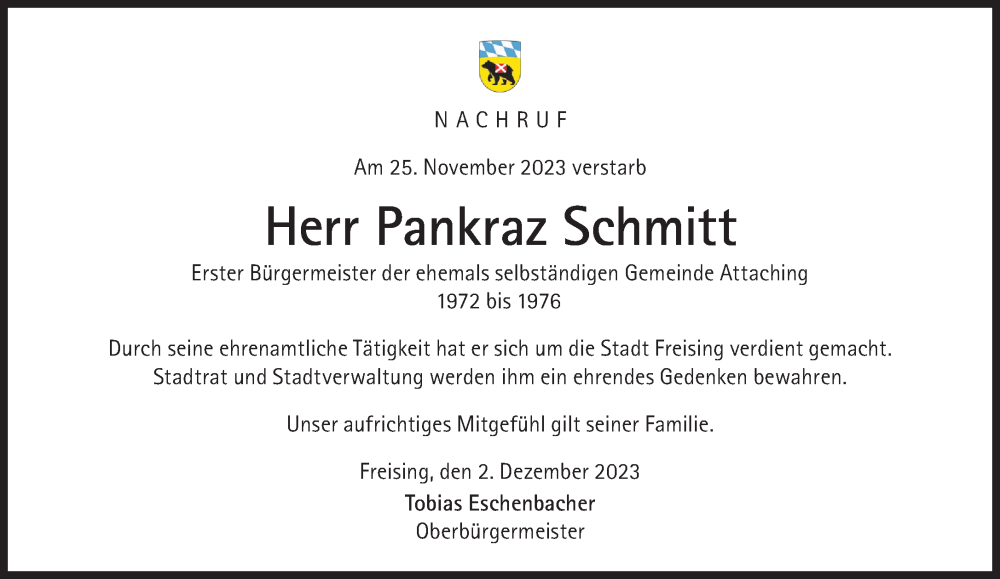  Traueranzeige für Pankraz Schmitt vom 02.12.2023 aus Süddeutsche Zeitung