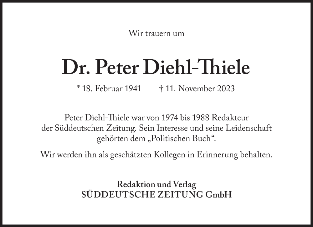  Traueranzeige für Peter Diehl-Thiele vom 02.12.2023 aus Süddeutsche Zeitung