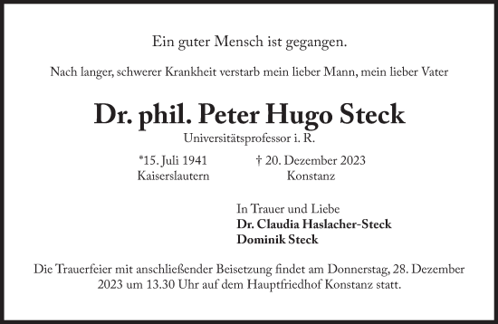 Traueranzeige von Peter Hugo Steck von Süddeutsche Zeitung