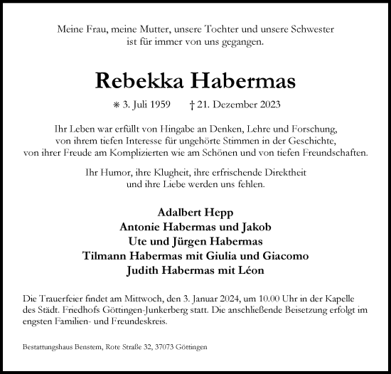 Traueranzeige von Rebekka Habermas von Süddeutsche Zeitung