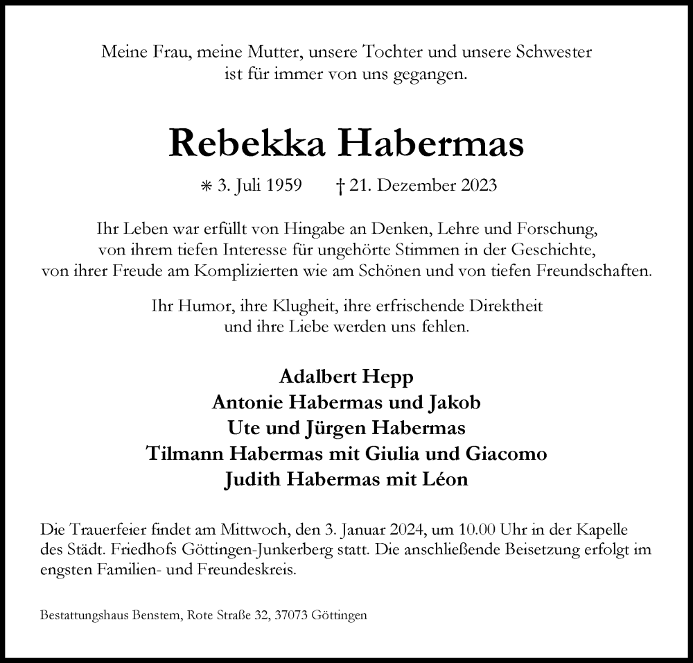  Traueranzeige für Rebekka Habermas vom 23.12.2023 aus Süddeutsche Zeitung