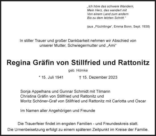Traueranzeige von Regina Gräfin von Stillfried und Rattonitz von Süddeutsche Zeitung