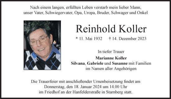 Traueranzeige von Reinhold Koller von Süddeutsche Zeitung