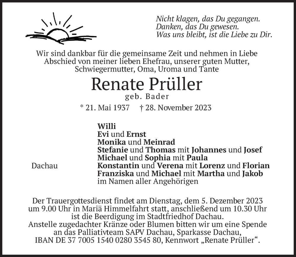  Traueranzeige für Renate Prüller vom 02.12.2023 aus Süddeutsche Zeitung