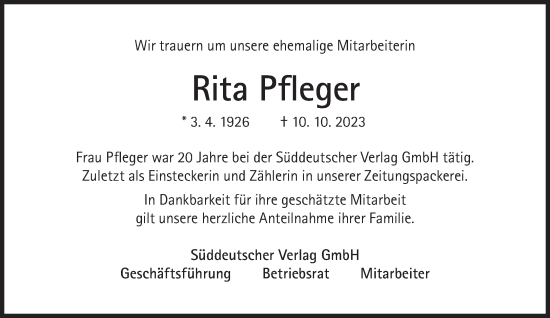 Traueranzeige von Rita Pfeger von Süddeutsche Zeitung
