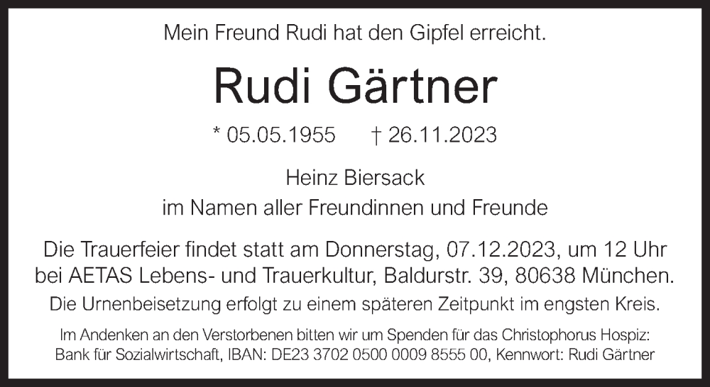  Traueranzeige für Rudi Gärtner vom 02.12.2023 aus Süddeutsche Zeitung