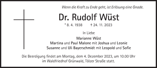 Traueranzeige von Rudolf Wüst von Süddeutsche Zeitung