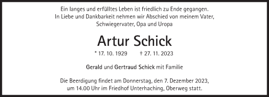 Traueranzeige von Schick Artur von Süddeutsche Zeitung