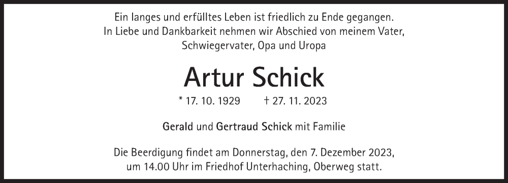  Traueranzeige für Schick Artur vom 02.12.2023 aus Süddeutsche Zeitung