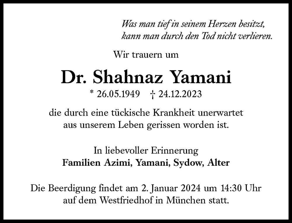  Traueranzeige für Shahnaz Yamani vom 30.12.2023 aus Süddeutsche Zeitung