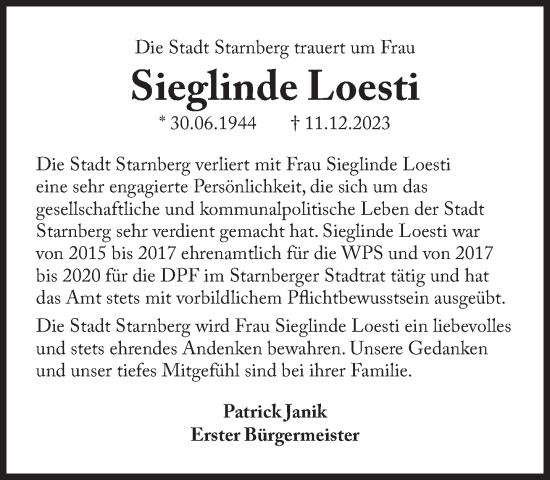Traueranzeige von Sieglinde Loesti von Süddeutsche Zeitung