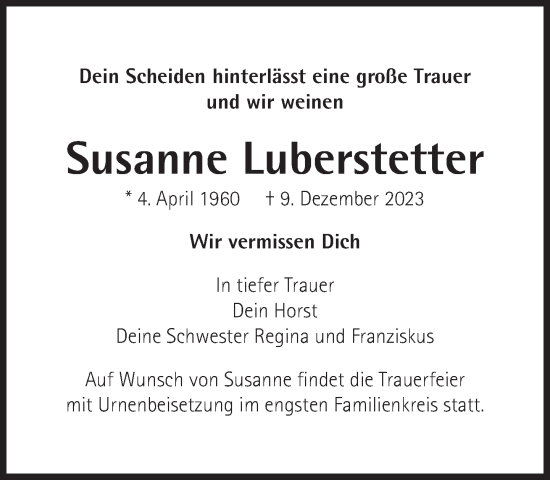 Traueranzeige von Susanne Luberstetter von Süddeutsche Zeitung