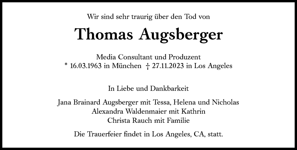  Traueranzeige für Thomas Augsberger vom 06.12.2023 aus Süddeutsche Zeitung