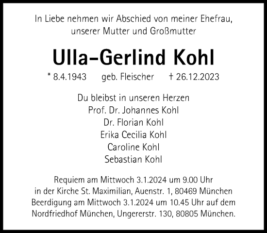 Traueranzeige von Ulla-Gerlind Kohl von Süddeutsche Zeitung