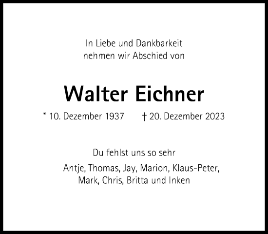 Traueranzeige von Walter Eichner von Süddeutsche Zeitung