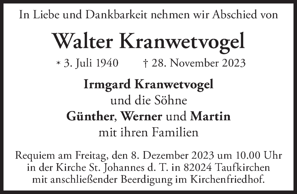  Traueranzeige für Walter Kranwetvogel vom 05.12.2023 aus Süddeutsche Zeitung