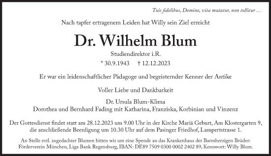 Traueranzeige von Wilhelm Blum von Süddeutsche Zeitung
