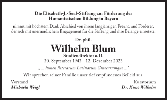 Traueranzeige von Wilhelm Blum von Süddeutsche Zeitung