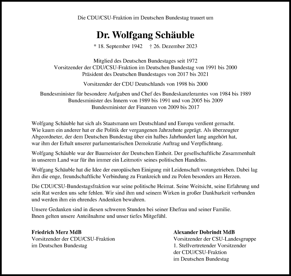  Traueranzeige für Wolfgang Schäuble vom 30.12.2023 aus Süddeutsche Zeitung