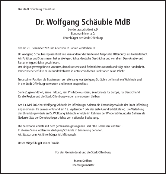 Traueranzeige von Wolfgang Schäuble von Süddeutsche Zeitung