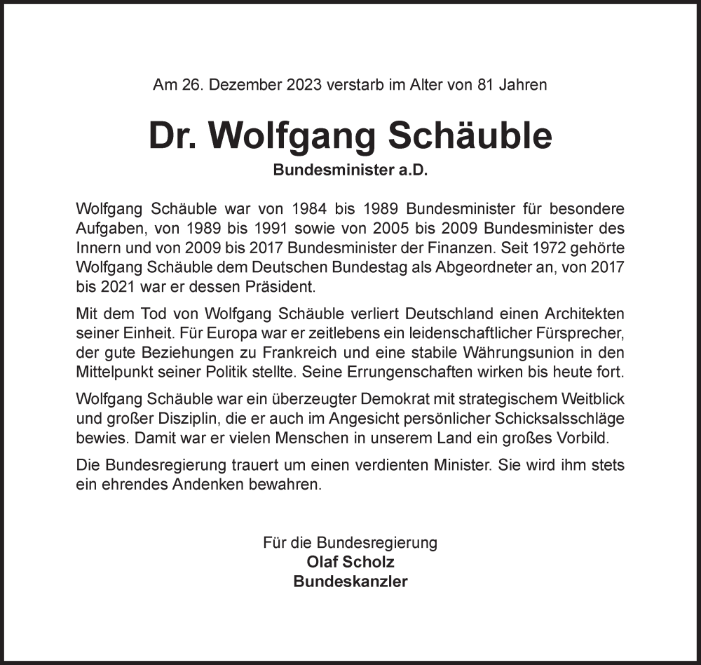  Traueranzeige für Wolfgang Schäuble vom 30.12.2023 aus Süddeutsche Zeitung