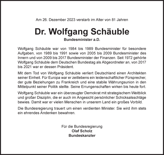 Traueranzeige von Wolfgang Schäuble von Süddeutsche Zeitung
