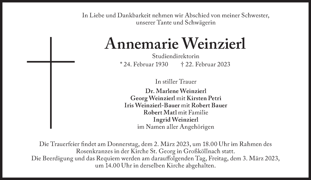  Traueranzeige für Annemarie Weinzierl vom 28.02.2023 aus Süddeutsche Zeitung