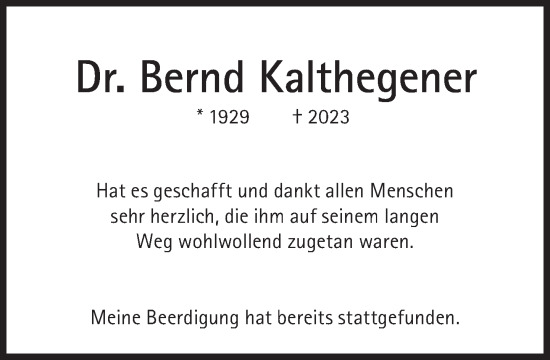 Traueranzeige von Bernd Kalthegener von Süddeutsche Zeitung