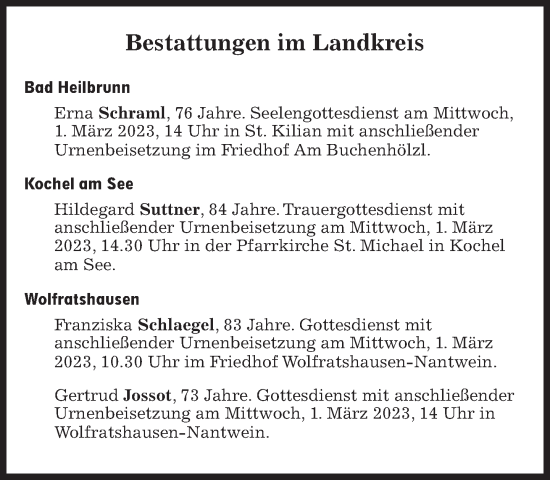 Traueranzeige von Bestattungen vom 01.03.2023 von Süddeutsche Zeitung
