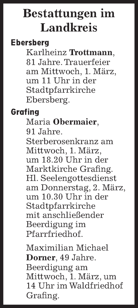 Traueranzeige von Bestattungen vom 01.03.2023 von Süddeutsche Zeitung