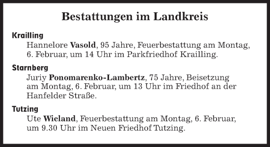 Traueranzeige von Bestattungen vom 06.02.2023 von Süddeutsche Zeitung