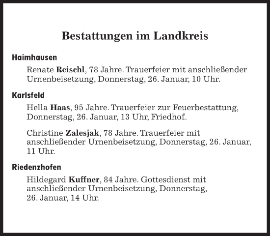 Traueranzeige von Bestattungen vom 26.01.2023 von Süddeutsche Zeitung