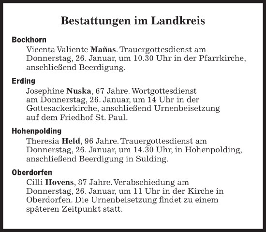 Traueranzeige von Bestattungen vom 26.01.2023 von Süddeutsche Zeitung