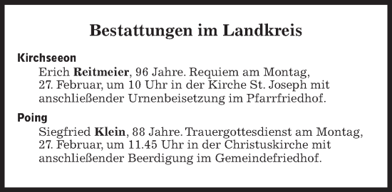 Traueranzeige von Bestattungen vom 27.02.2023 von Süddeutsche Zeitung