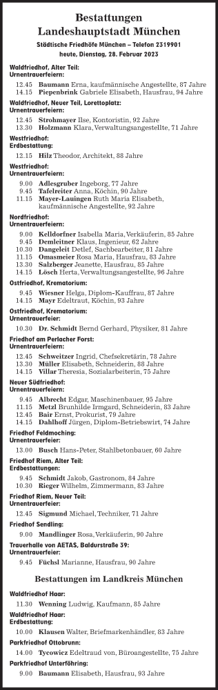 Traueranzeige von Bestattungen vom 28.02.2023 von Süddeutsche Zeitung