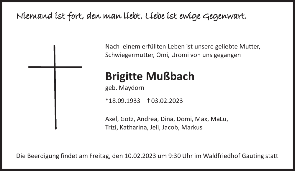  Traueranzeige für Brigitte Mußbach vom 07.02.2023 aus Süddeutsche Zeitung